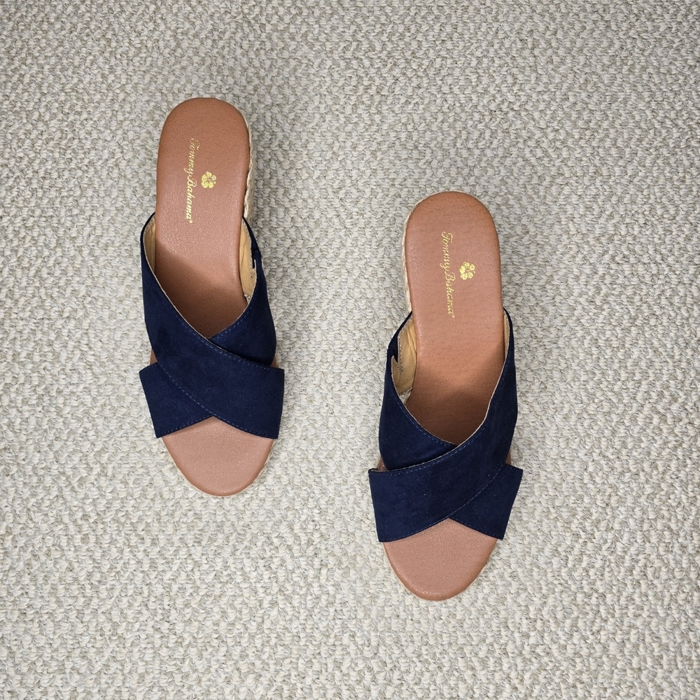 Tommy Bahama Blue and Tan Wedge Sandals with X-Strap Design Size 9